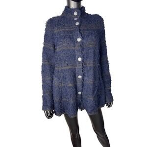 Free‎ people Blue Fuzzy Striped Button Up Coat Jacket Unique Collarless S/P